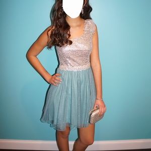 Juniors City Studio Special Occassion Silver/Teal One Shoulder Dress - Size 3